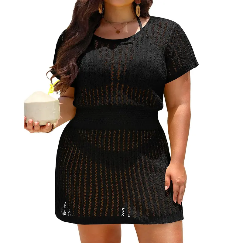 Aqua Eve Women's Plus Size Swimsuit Cover Up - Crochet Bathing Suit Coverup Short Sleeve Beach Dress Swimwear