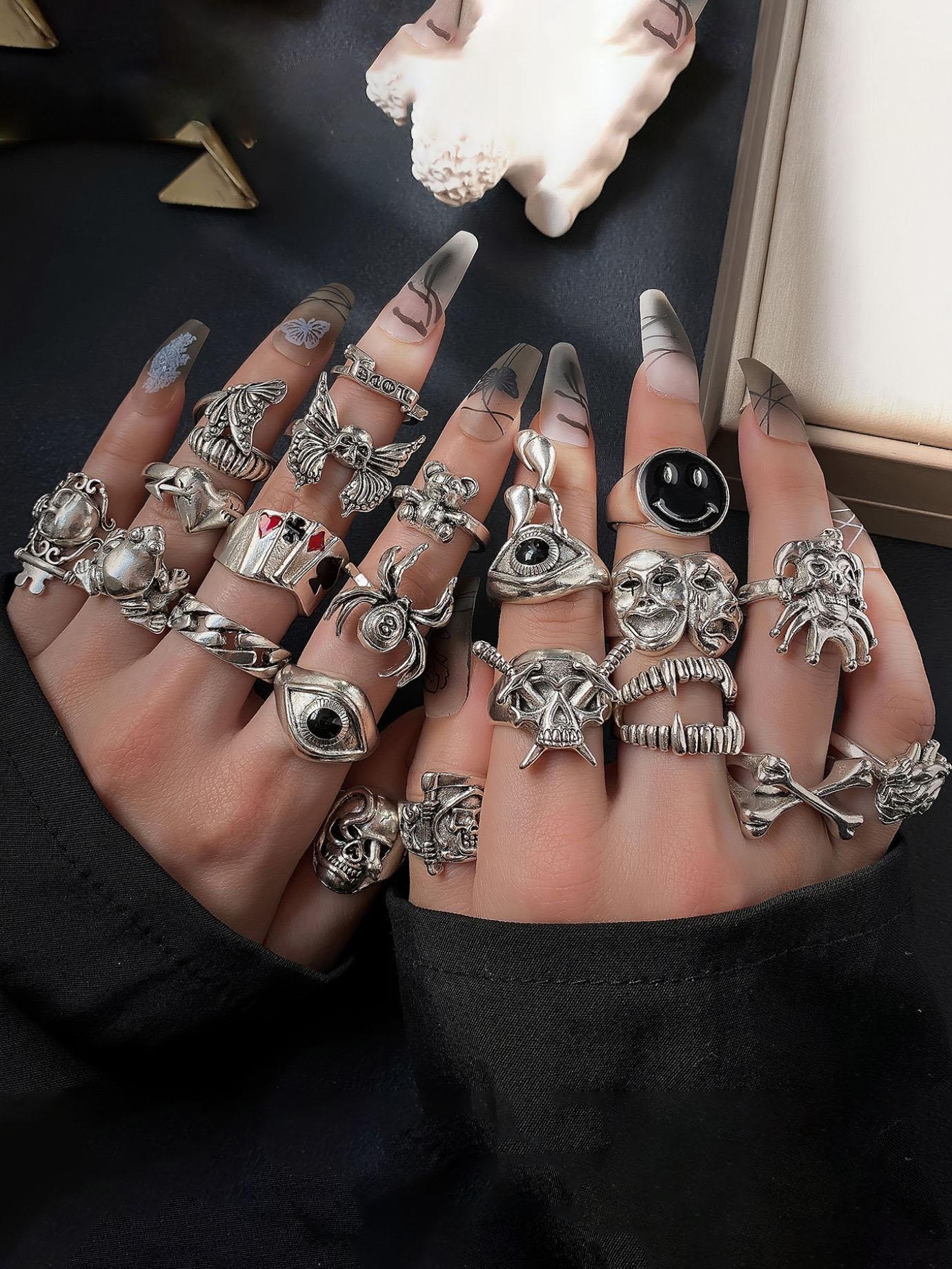 Punk Gothic Style Halloween Themed Ring Set, 24pcs/set Fashionable Skull & Spider Design Rings for Women & Men, Dark Aesthetic Rings, Trendy All-match & Exquisite Jewelry for Birthday Gift