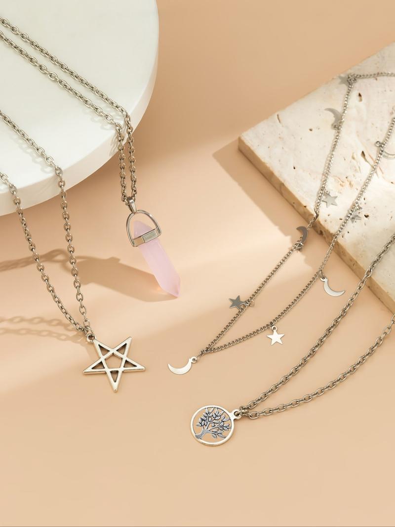 4pcs Vintage Star Moon Pendant Necklace for Women & Girls, Daily Wear Necklace, Girlfriend Gifts Jewelry, Fashion Chic Gorgeous Jewelry for Party, Daily Clothing Decor, All-match & Exquisite Jewelry for Birthday Gift, Trendy Charm Necklaces, Gift Ready