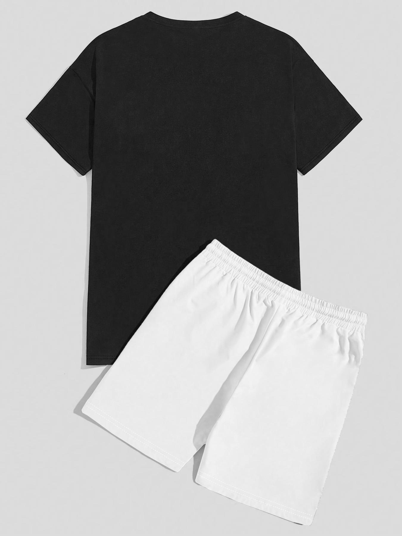 Two-piece Set Men's Bear Print Short Sleeve Tee & Shorts, Regular Fit Casual Round Neck T-shirt & Shorts, Men's Summer Clothes for Daily Wear, Loungewear, Shorts Pajama Set