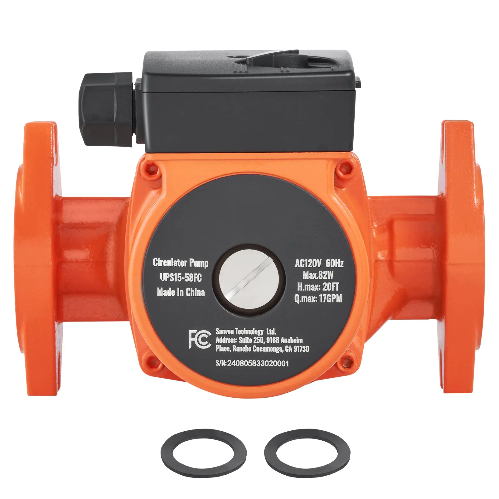 Ups15-58fc Hot Water Recirculating Pump, 17 GPM Max Flow Rate, 82W Maximum Power, Built-In Check Valve, Low Noise Operation