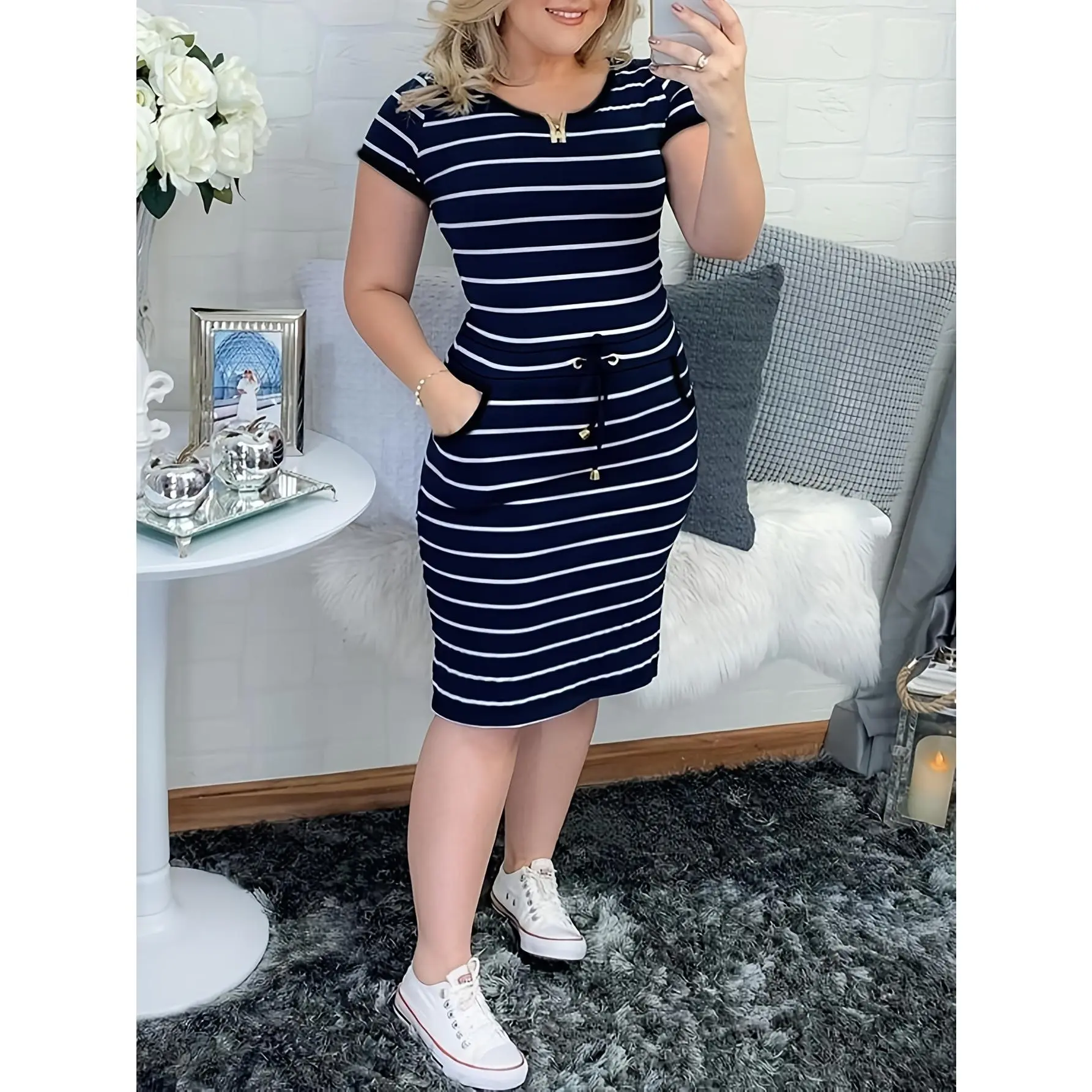 Summer New Casual Double Pocket Striped Drawstring Bodycon Dress Women Slim Fit Mini Dress Party Evening Cocktail Dress