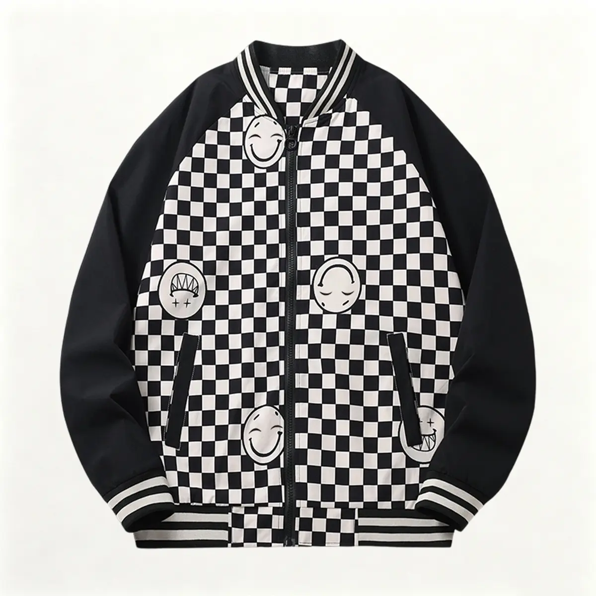 Men's Checkered Smiley Face Graphic Bomber Jacket, Zip Up Raglan Sleeve Y2K Streetwear Coat, Windproof Casual Outerwear for Daily & Concert Outfits, Lightweight Striped Ribbed Varsity Jacket with Side & Inner Pockets, Trendy Fall Fashion, 100% Polyester