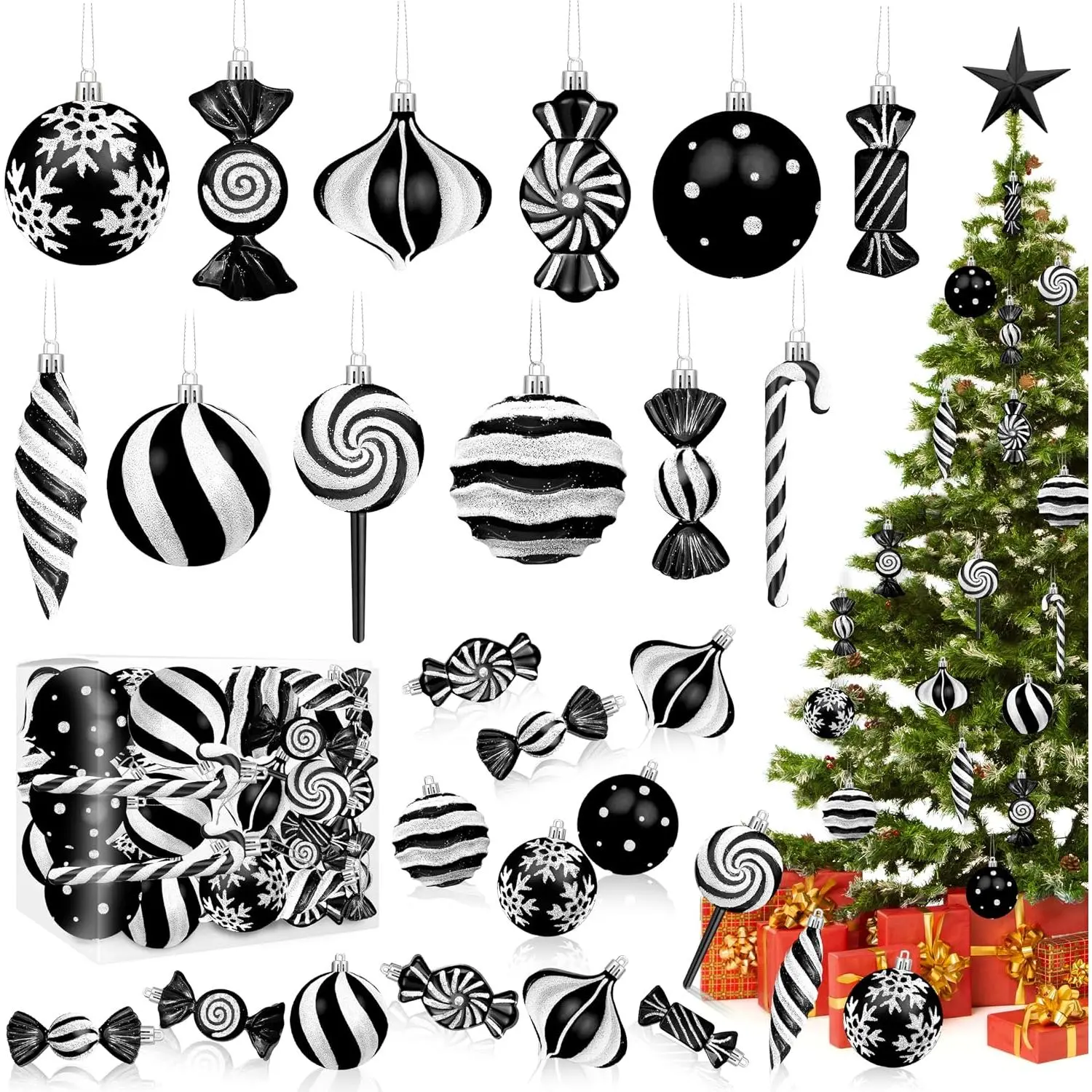 Candy Christmas Ornaments Set, Candy Cane Ornaments for Christmas Tree, Black Christmas Tree Decor 48 count