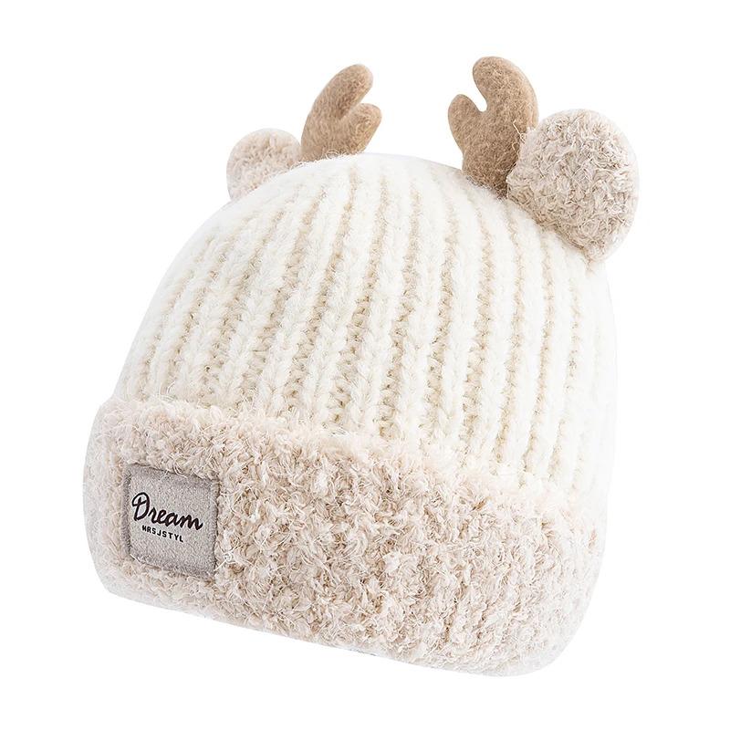 Hot Sale Women Cute Plush Fur Warm Winter Hat Young Trendy Knitted Hat With Deer Horn Ear Girls Lovely Elegant Fur Winter Cap