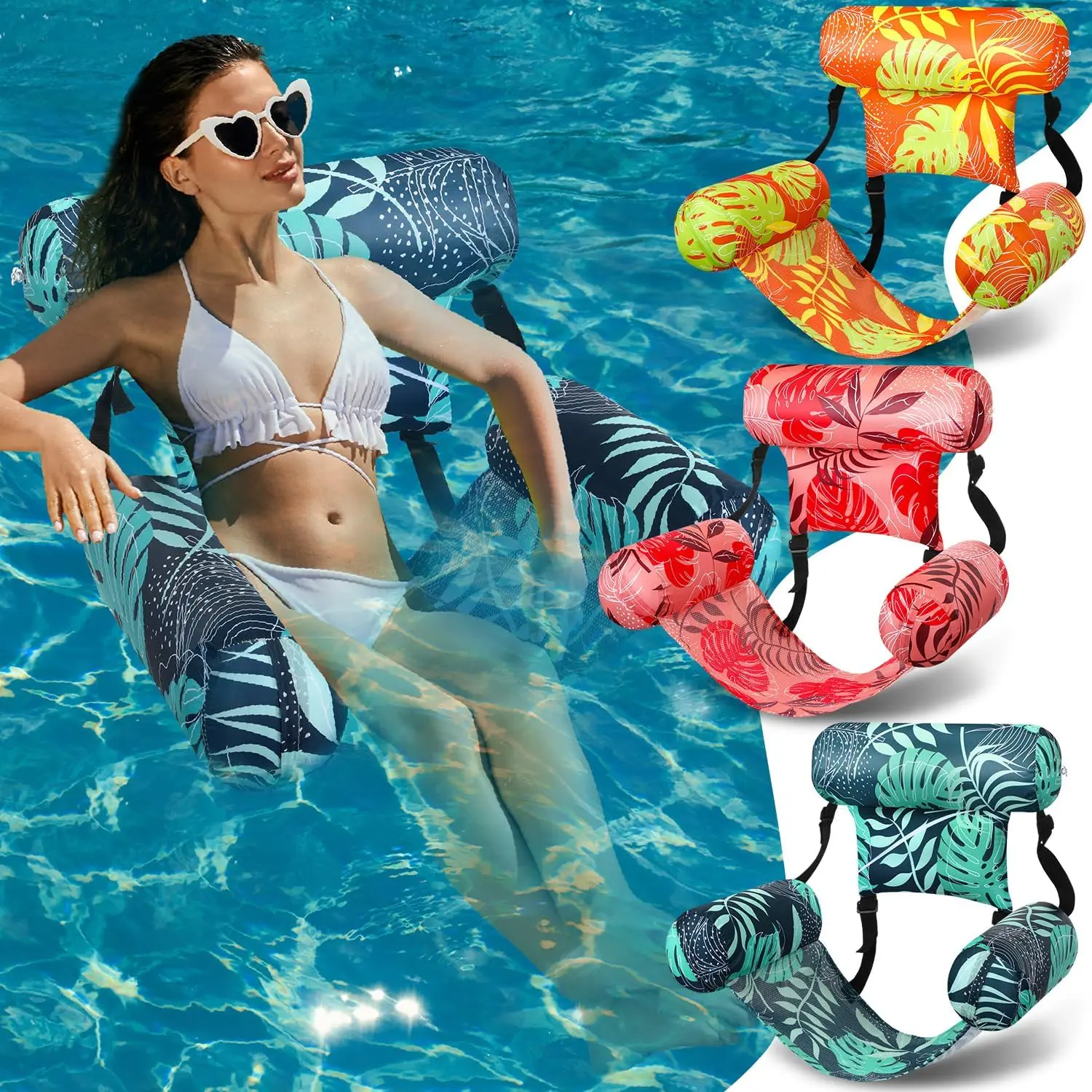 Inflatable Pool Floats Chairs Adult Floating Lounge Chair Adjustable Hammock Water Floating Chair Swimming Tropical Plants Pattern for Party Summer Water Beach Lake Fun