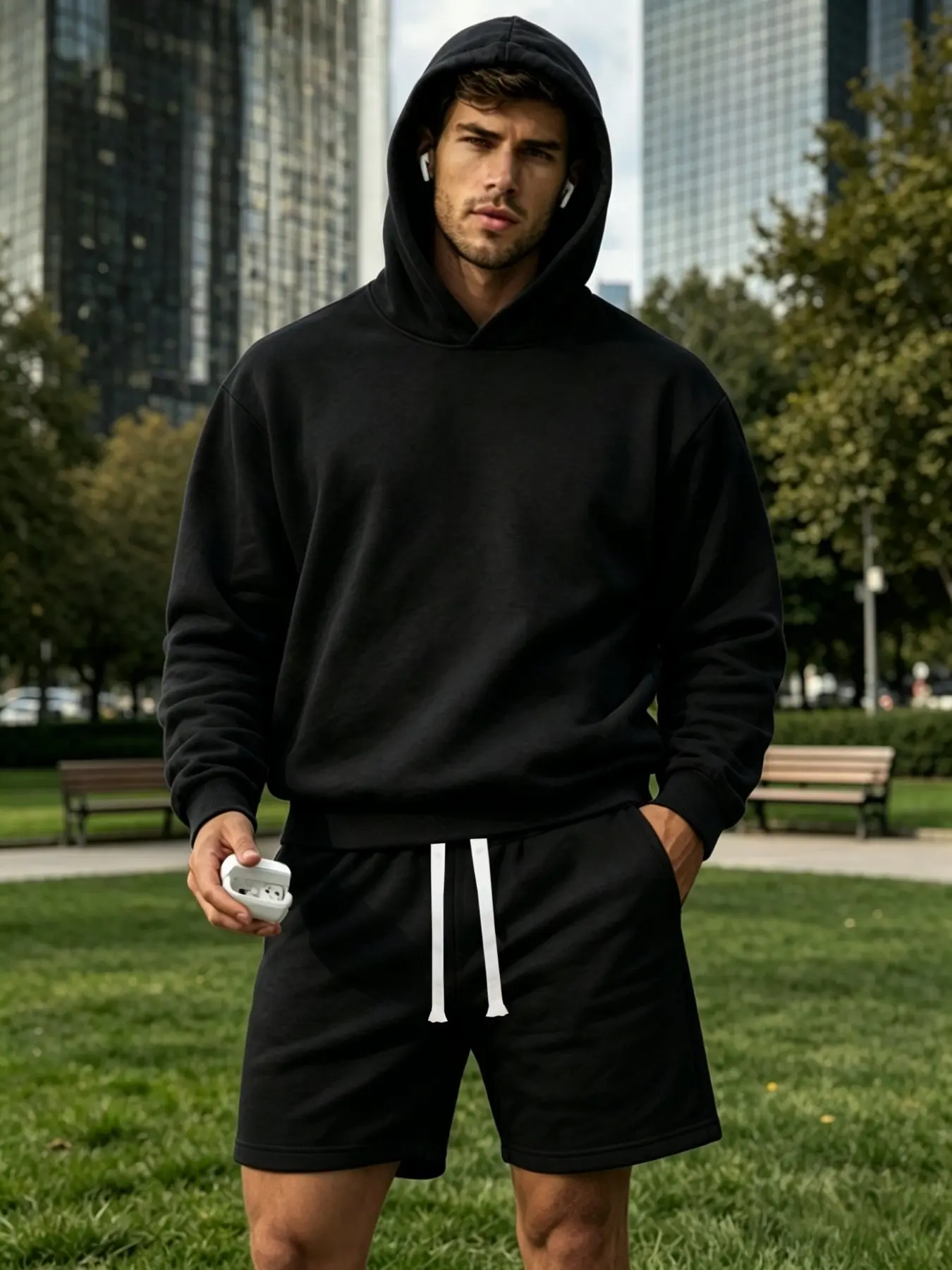 Fashion Wide Hoodie and Shorts Athletic Set, Y2K Casual Sportswear, Hooded Sportswear Set, Comfortable Gym Streetwear for Daily Wear, Trendy Two-Piece, Sport Casual Outfit, Athleisure Outfit