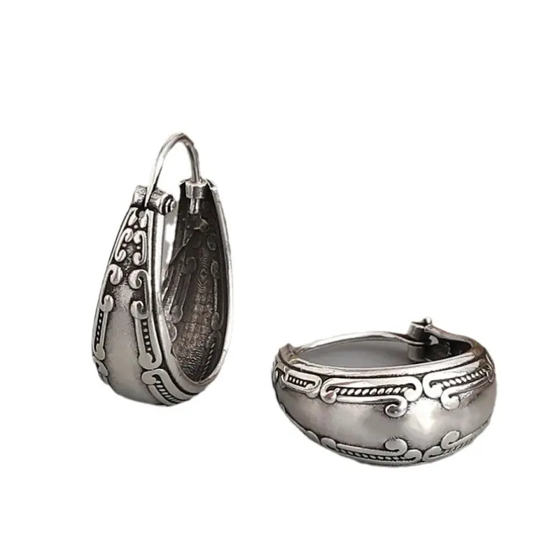 Boho Vintage Ethnic Metal Alloy Hoop Earrings - Silver Tone, Embossed Carved Pattern, Hypoallergenic - Ideal for Daily Wear, Party, Dating