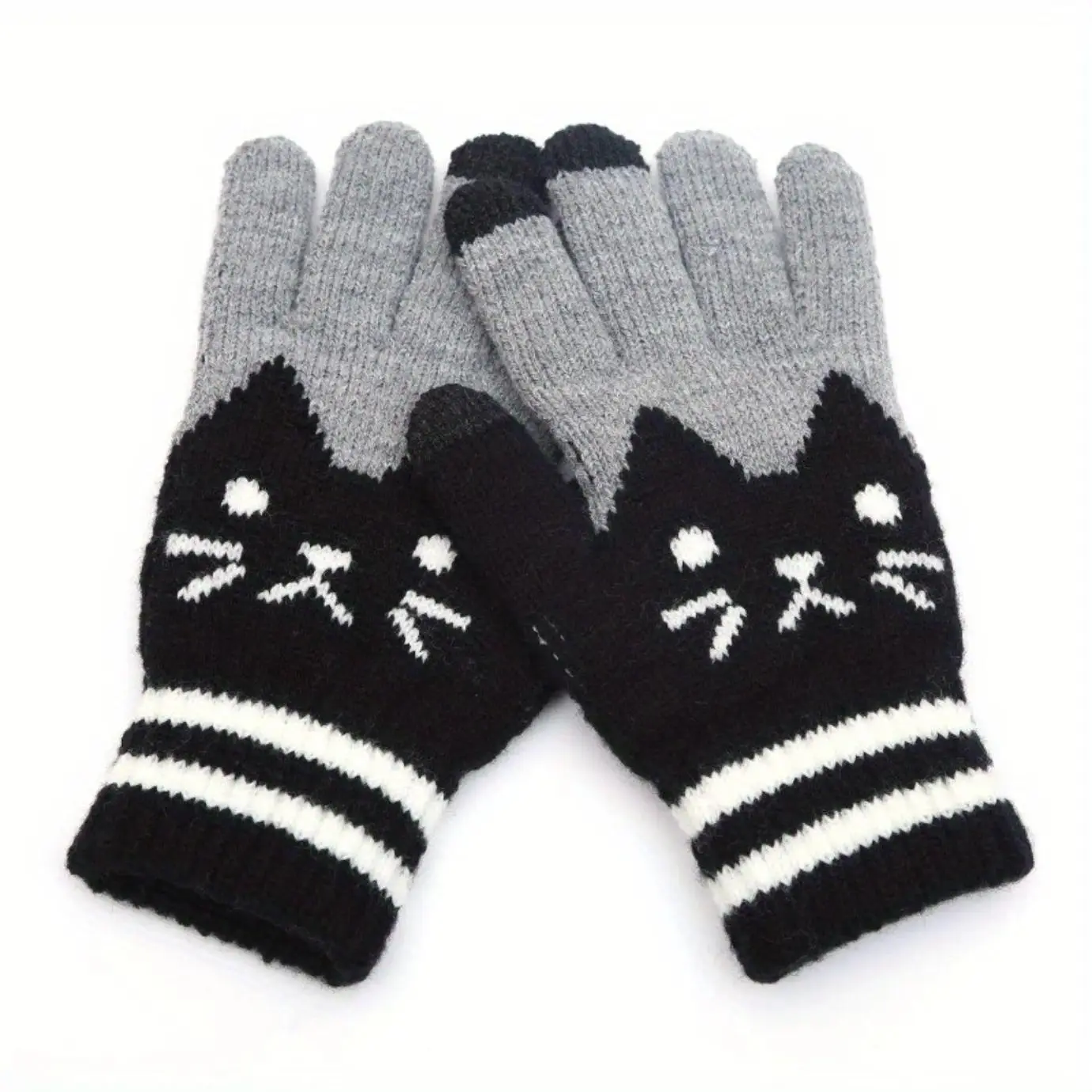 Women's Fingerless Gloves with Cute Animal Paw Print, White Soft Stretch Knit Featuring Knuckles Protection & Smartphone Touch