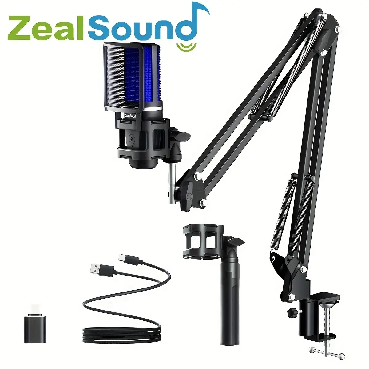 ZealSound USB Gaming Condenser Microphone for PC & Phone, RGB Lighting, Quick Mute, Gain Control, Real-Time Monitoring, Plug and Play, Comes with USB-C Adapter, Tripod & Boom Arm Stand, Ideal for Gaming, Live Streaming, Podcasting & Recording