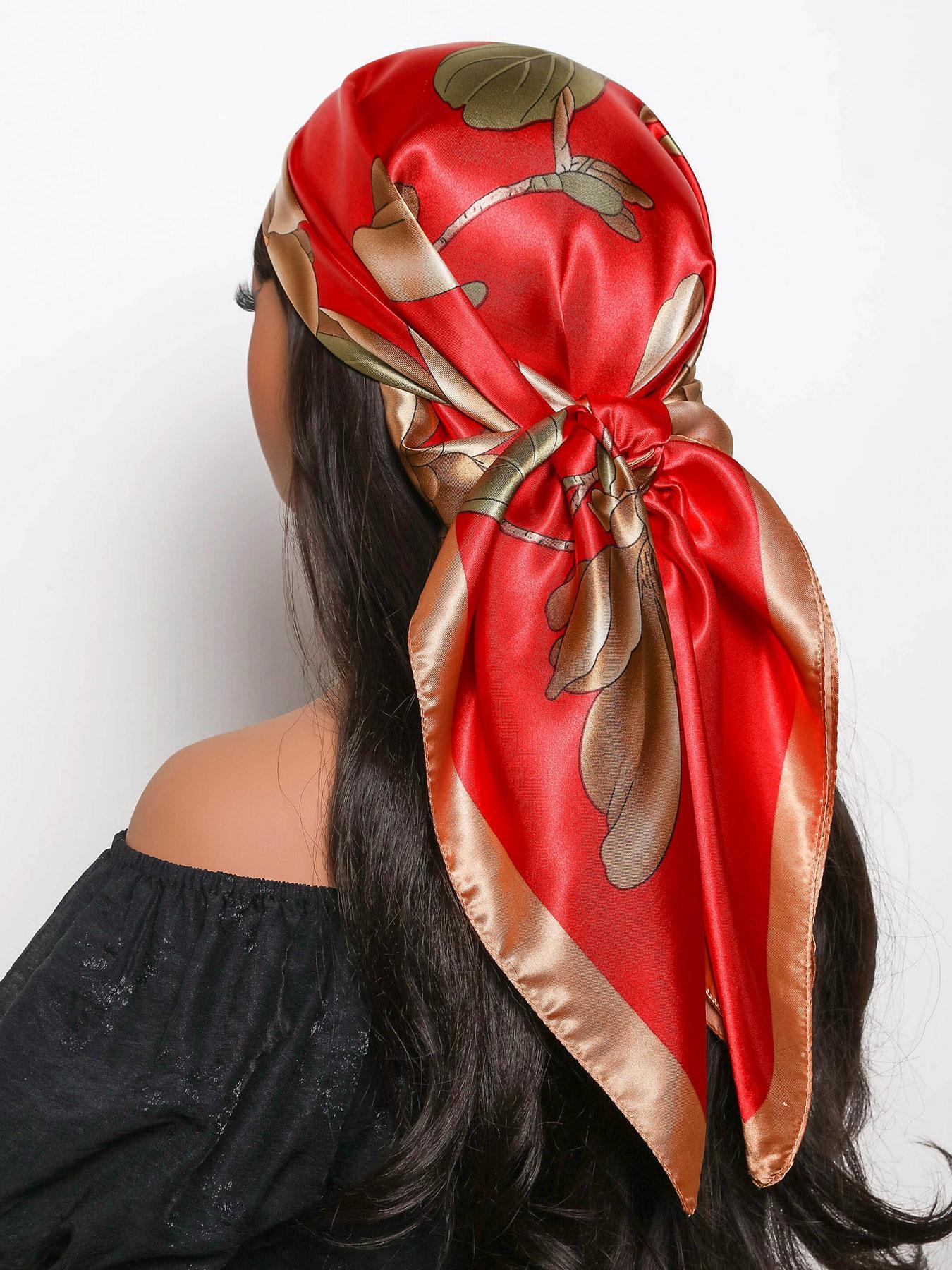 Women's Floral Print Square Scarf, Fashionable Soft Lightweight Scarf for All Seasons, Casual Versatile Scarf for Women, Boho Style Scarf