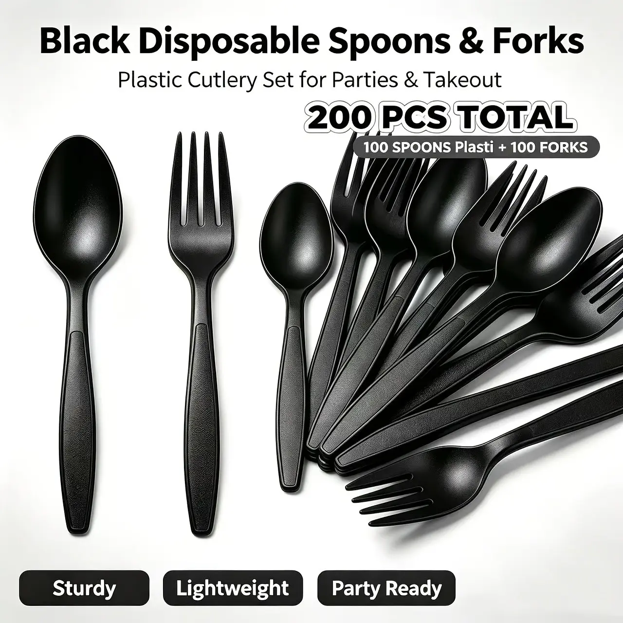 200pcs Heavy-Duty Transparent Plastic Cutlery Set, 100 Disposable Forks and 100 Spoons, Ideal for BBQ, Picnics, Takeout, Home, Office, Restaurant