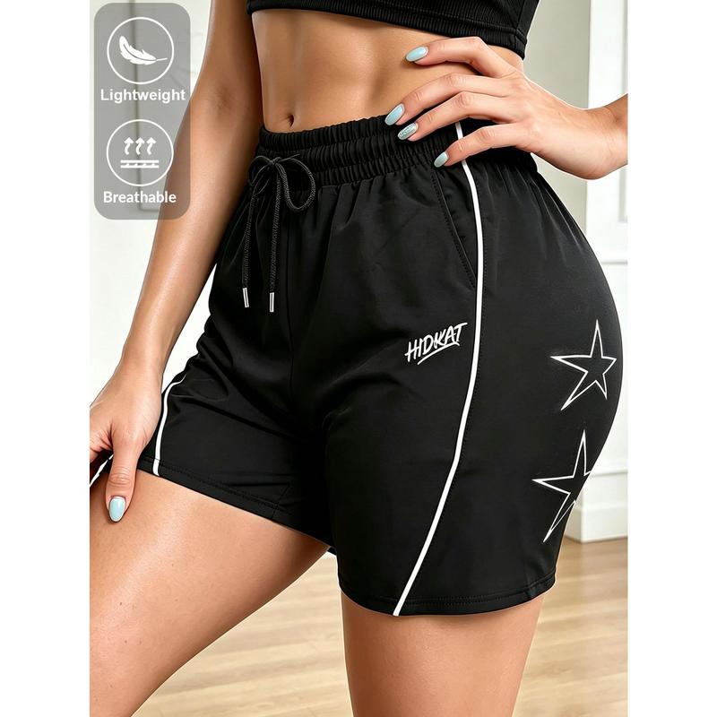 Ladies' Star Patterned Printed Sports Shorts, Elastic Full Waist Design, Small Embroidered Logo, Ultra Lightweight, Breathable and Quick Drying, Suitable for Jogging, Hiking, Walking, and Street Outdoor Sports and Leisure Wear