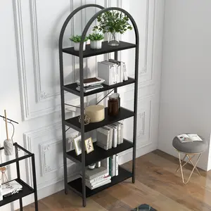 Tall 5 Tier Bookshelf with Arched Display Racks Metal Frame Open Storage Rack Large Black Book Shelf for Bedroom Living Room Office