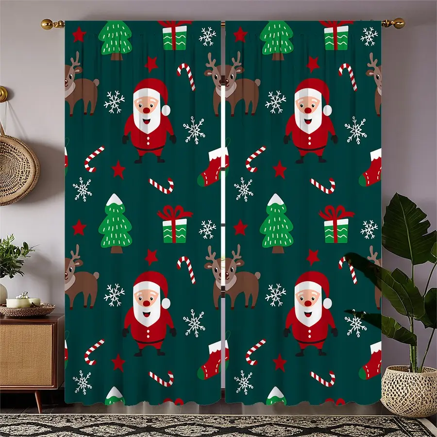 2 Piece Polyester Christmas Theme Curtains, Cartoon Santa Claus Pattern Rod Pocket Drapes, Bedroom and Living Room Decor