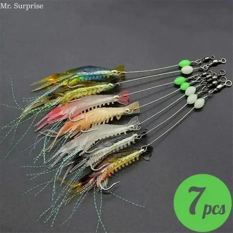 7 Pack Realistic Bionic Shrimp Luminous Fishing Lure Kit, Glow In The Dark Artificial Shrimp Baits with Sharp Metal Hooks, Sturdy Outdoor Fishing Accessory Suitable for Freshwater and Saltwater Anglers Daily Fishing