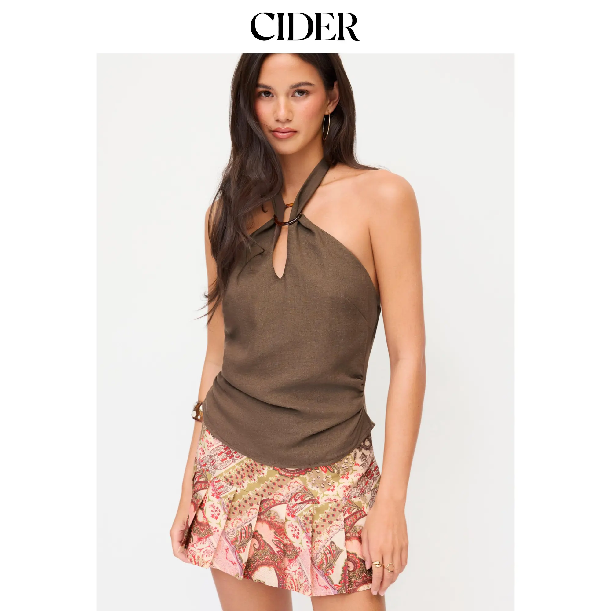 Cider Linen-blend Halter Neckline Cut Out Ruched Backless Blouse SummerWins SummerFinds