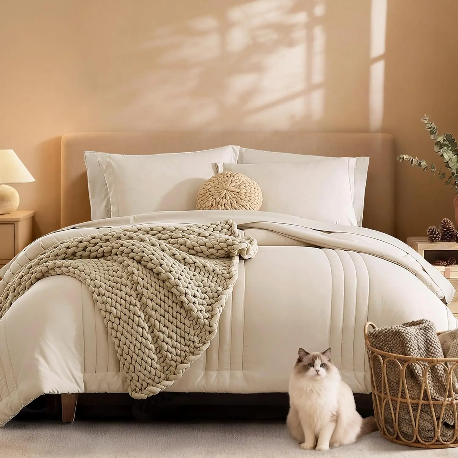 Queen Comforter Set - 7 Pieces Beige Bed in a Bag Queen Bedding Sets with Comforters, All Seasons Comforter Bed Set with Sheets, Pillowcases & Shams