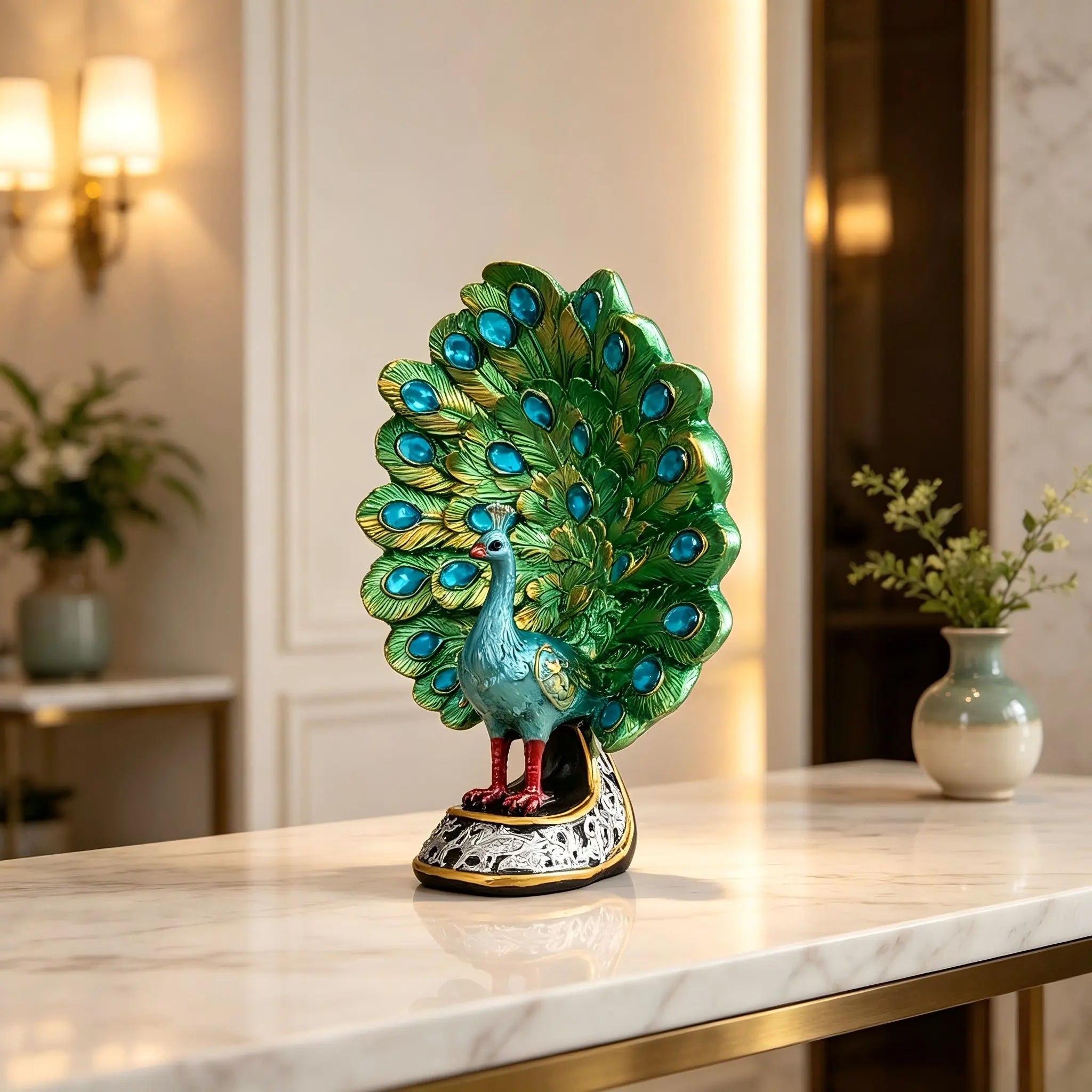 Luxury European Peacock Ornament, Resin Craft Decor for Living Room TV Stand Entryway, Feng Shui Wealth Attraction, Moving Gift, Table Ornament