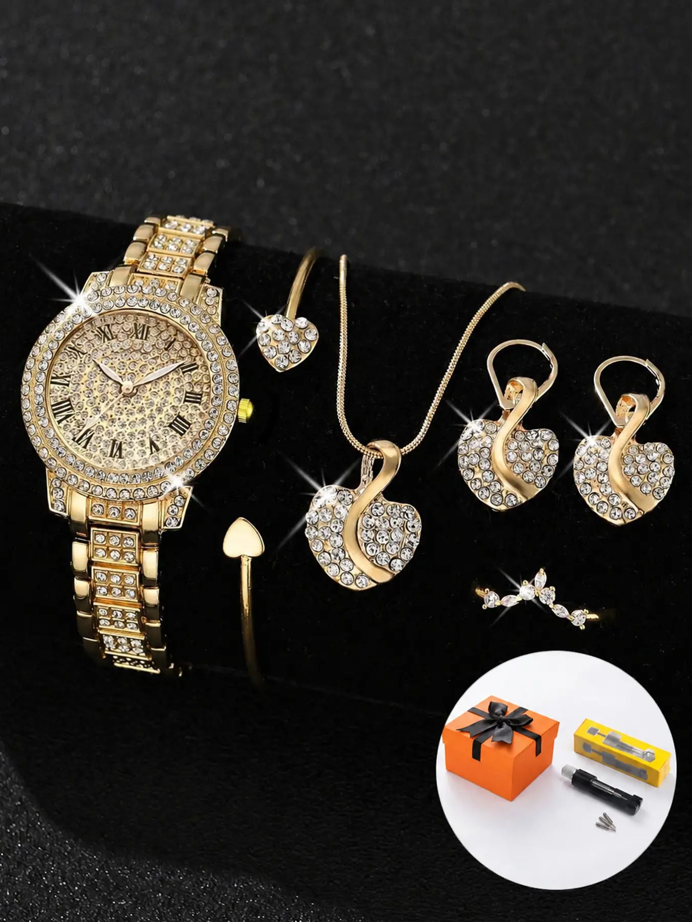6pcs Women's Luxury Full Diamond Roman Dial Watch Set, Includes Heart Bracelet Necklace Earrings Ring, Gift Box and Winder, Perfect for Parties