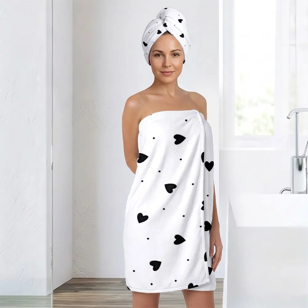 2pcs Hand-Drawn Heart Print Towel Set, Adjustable Bath Towel and Hair Dryer, Ultra-Fine Fiber, Multi-Purpose, Ideal for Home, Travel, Spa