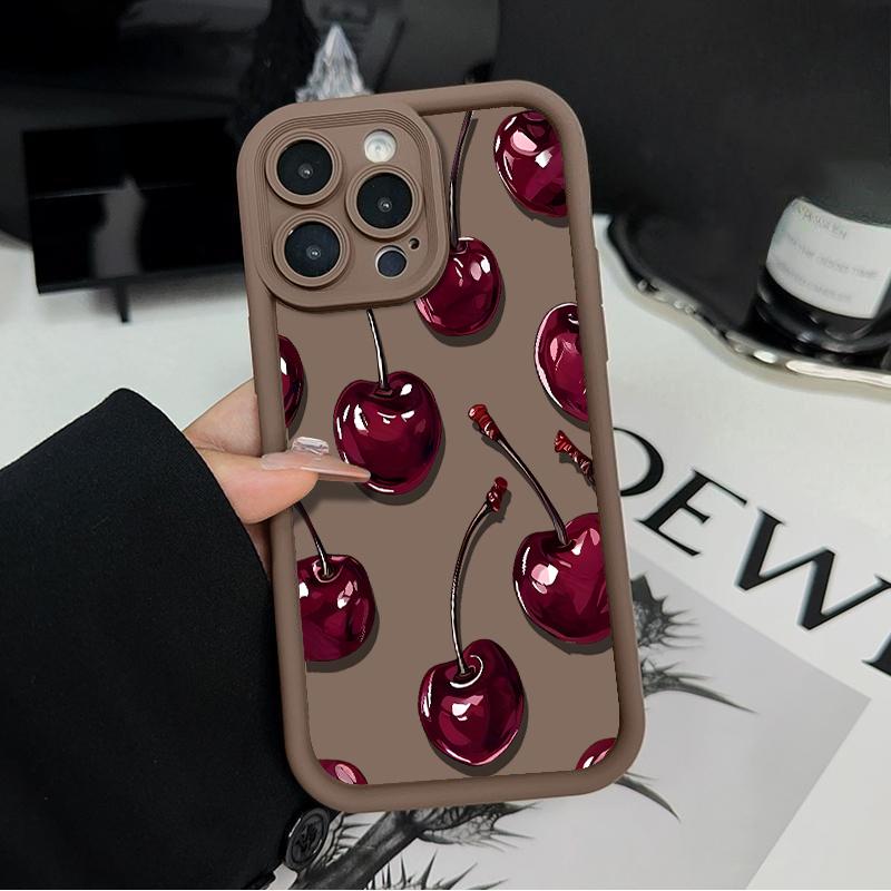 Sexy Wine Cherry Pattern Phone Case , Soft Silicone Tpu Protection and Shockproof For iPhone 17 16 15 Pro Max 14 16Pro 13 12 11 X Plus Air Mini Girl