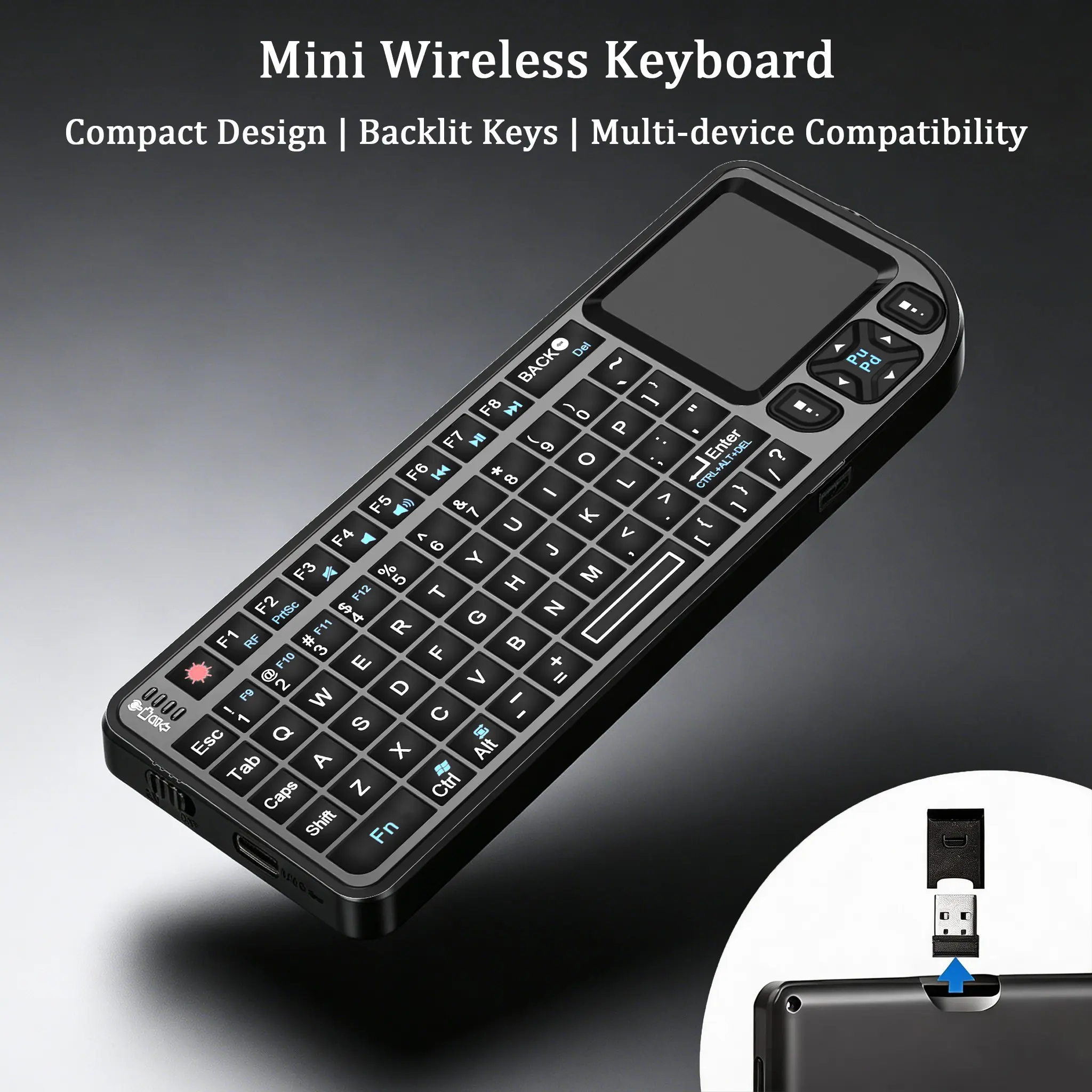 Mini Wireless Keyboard with Touchpad, RGB Backlit, Rechargeable Battery, Flashlight, Compatible with PC, MAC, Htpc, Projector, Smart TV Box