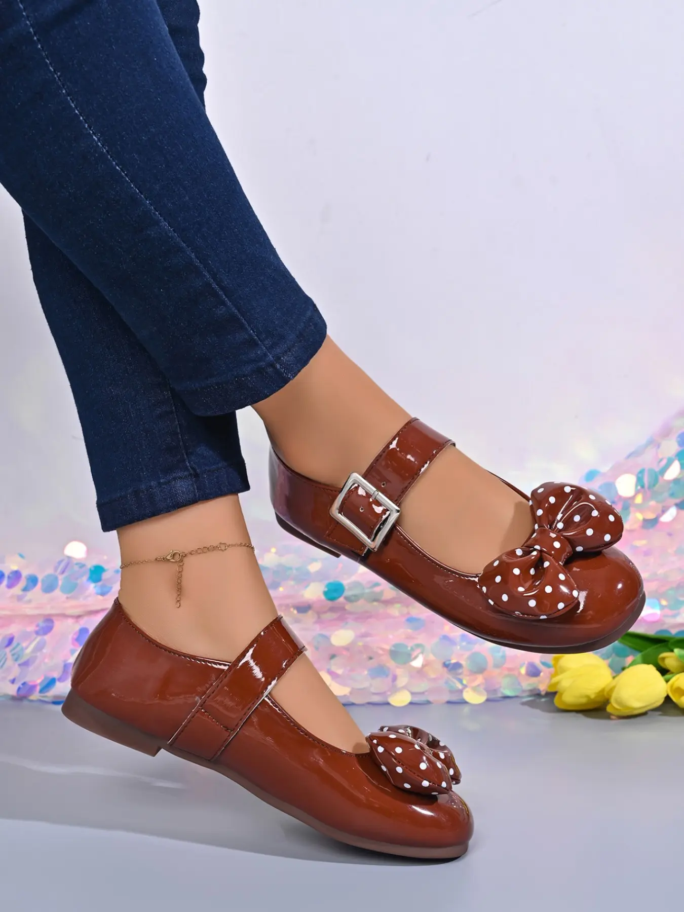 2026 Trend New Patent Leather Ankle Strap Mary Jane Flats, Polka Dot Bow Decor Slip On Shoes, French Retro Sweet Campus Style, Light Soft Sole Women Flat Shoes For Daily Walking Dating Work Party, Multiple Color Options