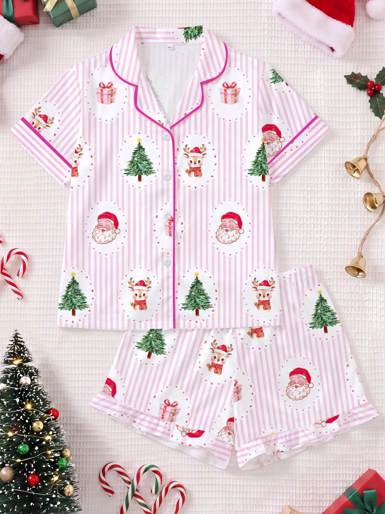 Christmas Pajama Set, Stripes, Santa Claus Print, Short Sleeve, Fitted, Soft Fabric, All Seasons, Casual Style