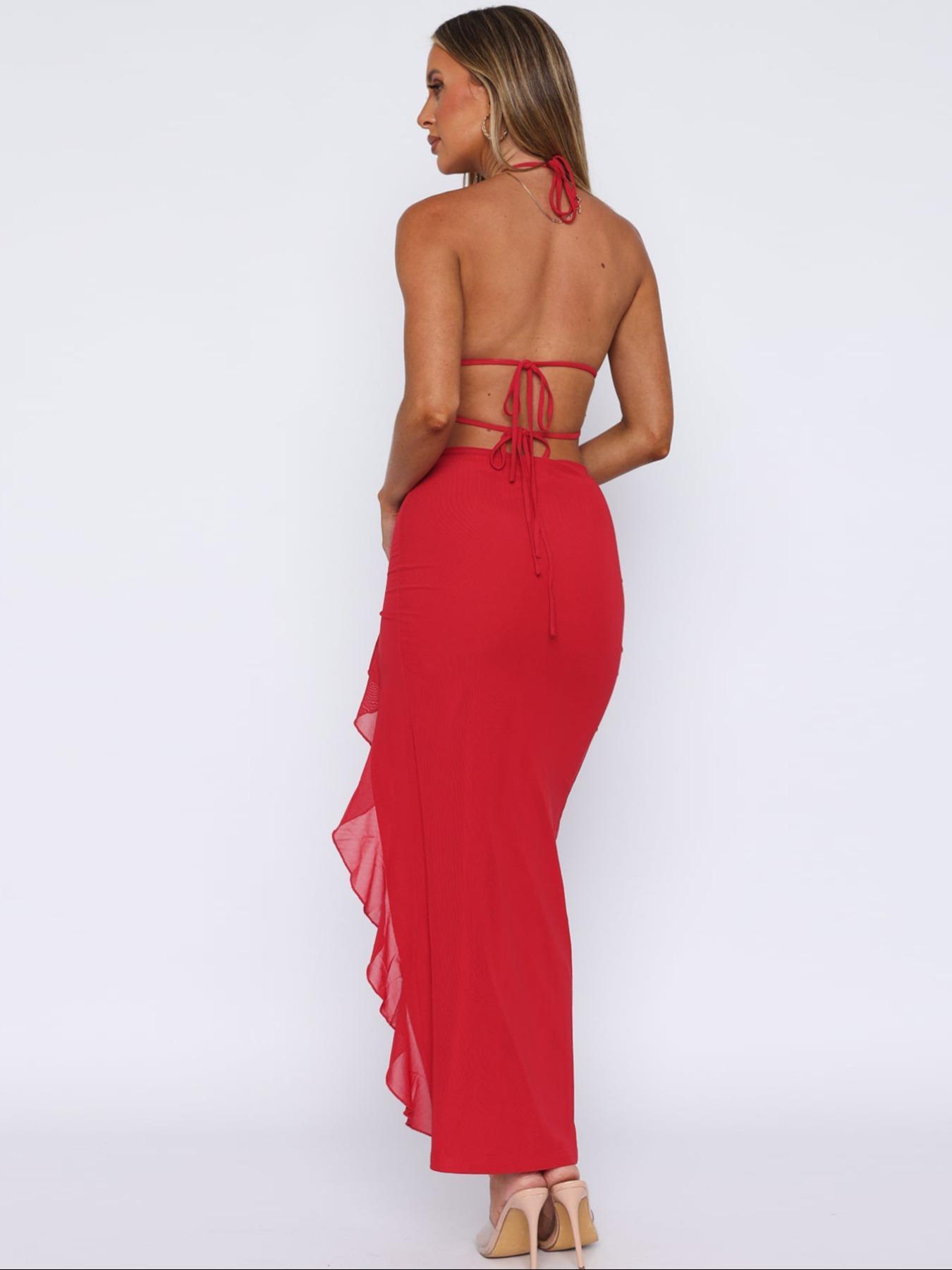 Women's Solid Color V Neck Side Split Sleeveless Backless Lace-Up Bodycon Halter Dress, Solid Color Ruffles Split Tie Back Party Club Holiday Chic Long Dresses