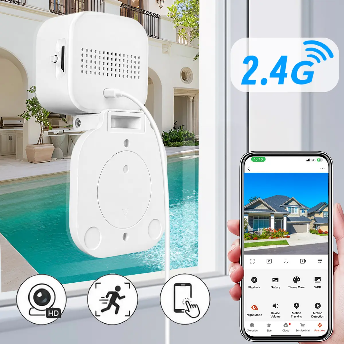 Smart Window Security Camera, 2.4GHz Indoor Window Camera with Smart Motion Detection, Two-Way Audio, Infrared Night Vision and Easy Installation for Home Safety, Baby Room and Pet Monitoring, 24/7 Recording, Cloud & SD Card Storage