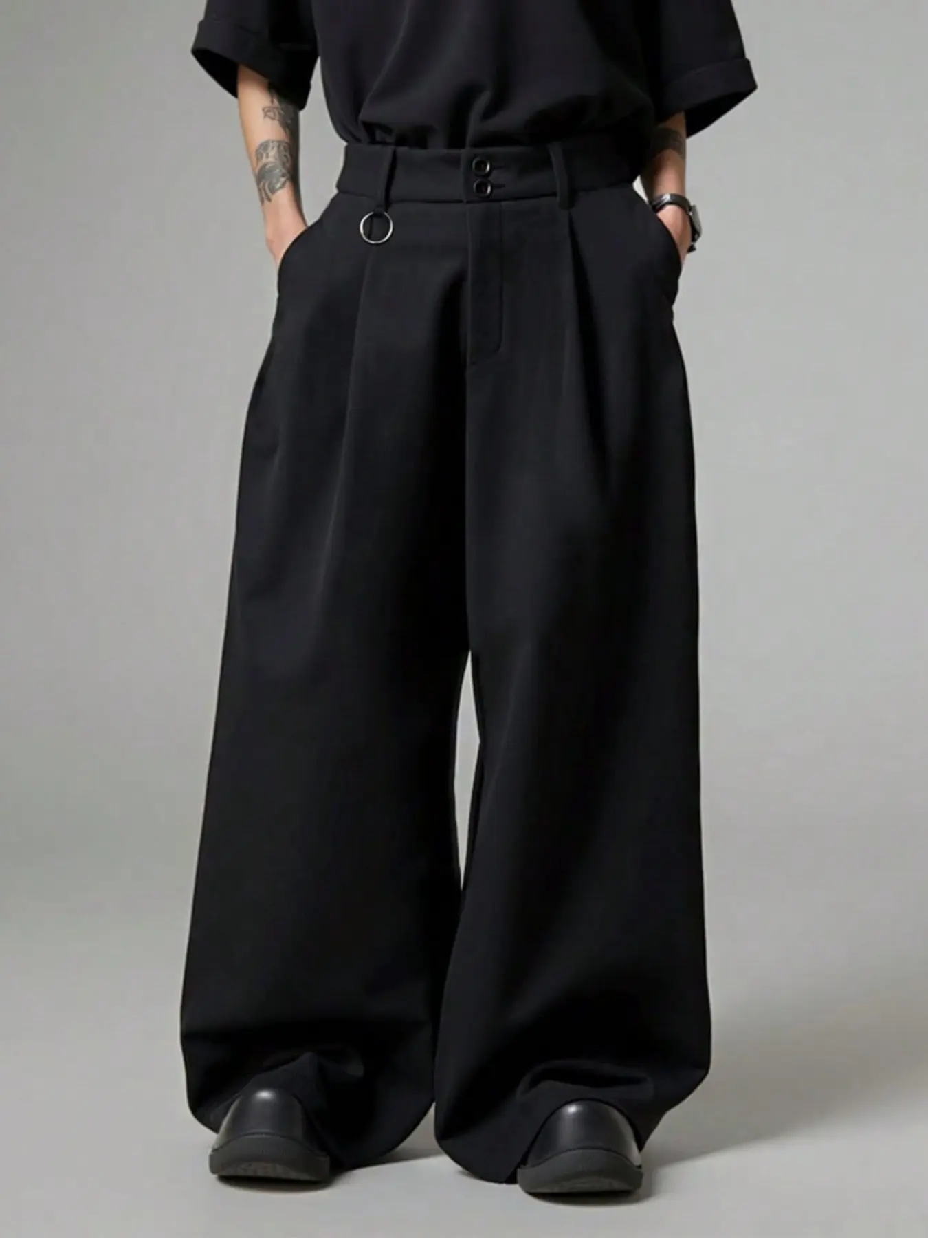 Men’s, Spring/Autumn, Everyday, Urban Streetwear, Oversized, Double-Button Waistband, Pleated Wide-Leg Tailored Trousers, Workwear, Outdoor, Urban, Loose Fit, Trendy, Streetwear, Casual, Youthful, Minimalist, Vintage, Versatile, Premium Texture, Stylish,