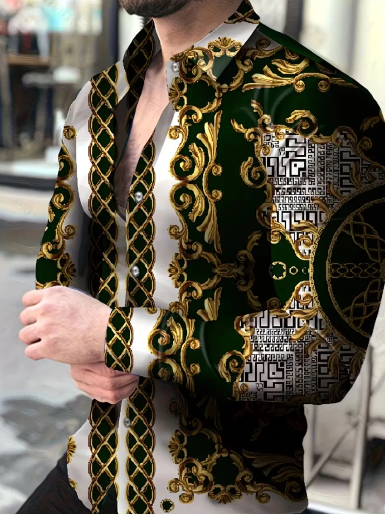 Vintage Baroque Men's Long Sleeve Shirt, Retro Style Slim-Fitting Top, All Seasons Unlined Clothing, Elegant Baroque Pattern Design