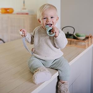 Linen Baby Pacifier Clip Holder| Soft Fabric Strap, 2-Pack (Olive/Shifting Sand)