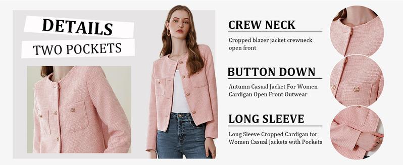 Women's Tweed Blazers Long Sleeve Business Button Down Casual Cropped Blazer Jackets with Pockets