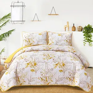 Yellow Set Queen,3 Pieces Reversible Elegant Yellow Botanical Leaves Pattern Bedspread Coverlet Soft Microfiber Bed Cover for son(96"*90")