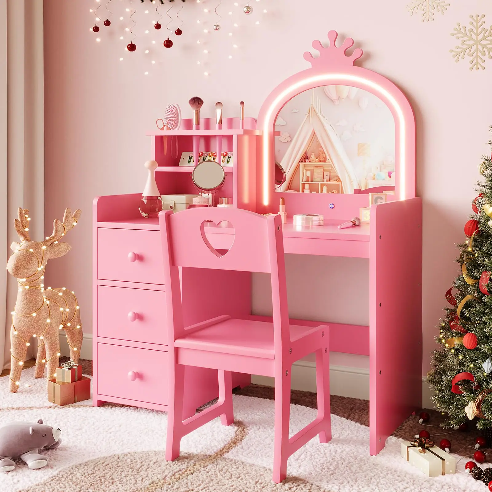 Garvee White Wooden Vanity Desk with Mirror and Lights, Featuring Storage Shelves, Drawers, and Chair - 2-in-1 Dressing Table for Young Fashion Enthusiasts