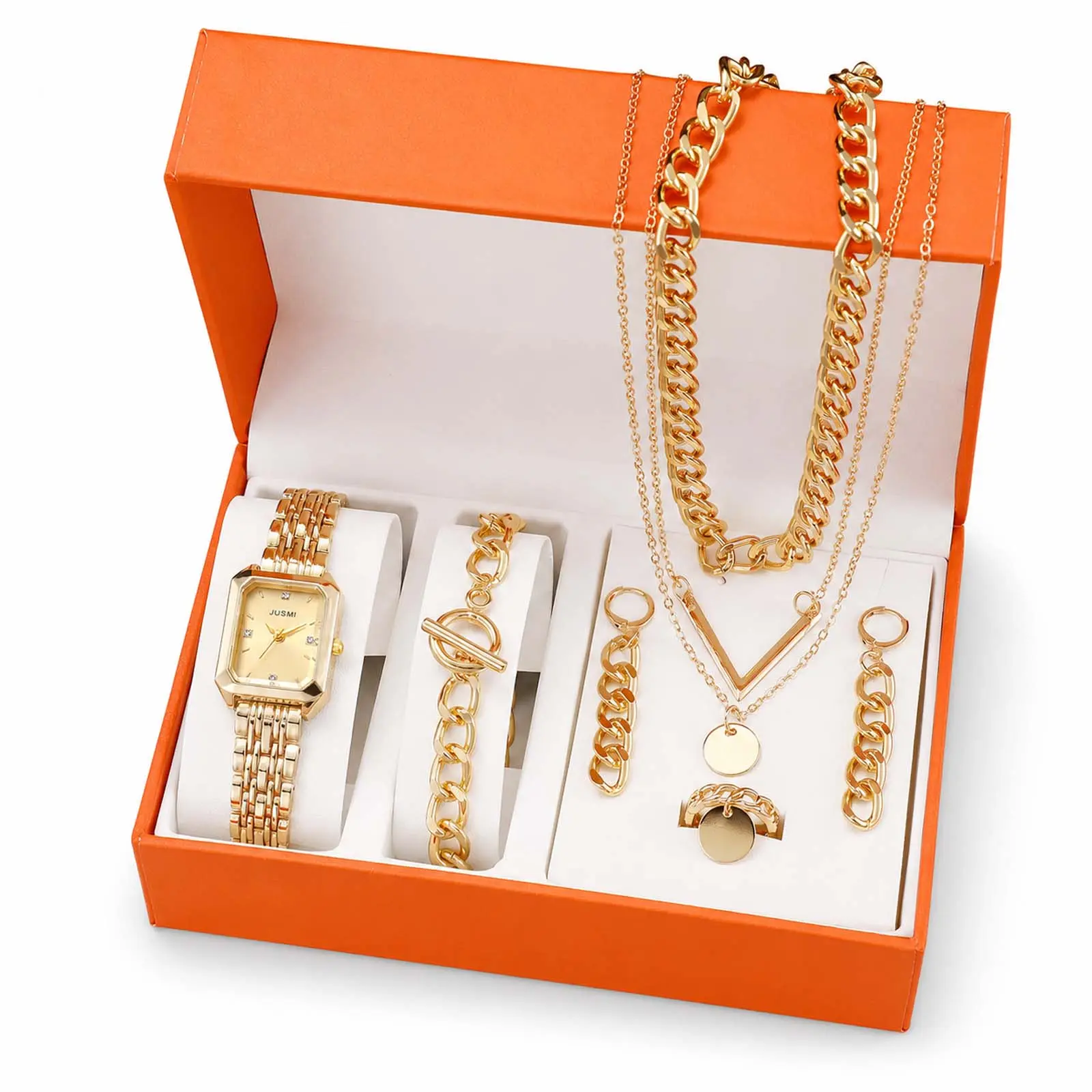 Women's Square Bracelet Watch and Jewelry Set, Hip Hop Chic Wrist Watch with Layered Necklace and Sweater Chain Accessories, Fashion Gift Box Set, Trendy Daily Wear Jewelry for Party, Date Night, Streetwear, Birthday Holiday Gift for Her