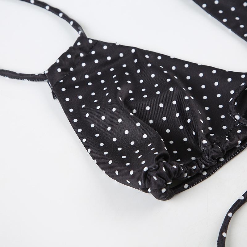 Black White Polka Dot Halter thong Bikini Set | Ruffle Skirted Bottom | Tie Front Swimsuit