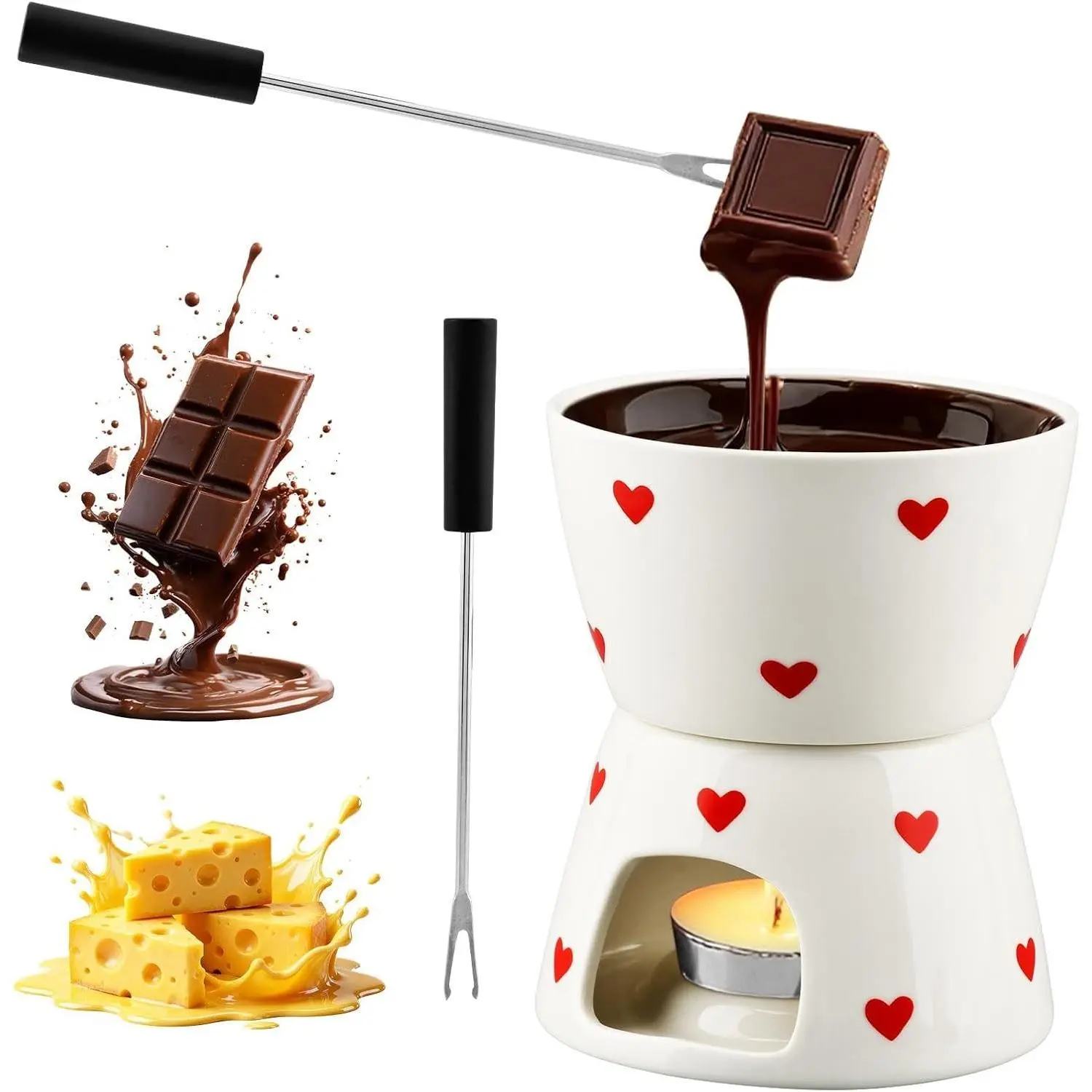 Fondue Cup with 2 Dipping Forks,Ceramic Chocolate Melting Cup Set,Mini Chocolate Melting Mug For Date Night Birthday Wedding Gifts,Can Mel t Chocolates,Butter and Cheese(12*10.5*10.3cm,COLOR:White)