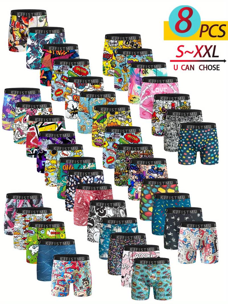 Set Of 8 Random Boyfriend Valentine'S Day Gift Set Men'S Long Boxer Briefs - Breathable, Lightweight, Colorful Graffiti-style Print, Polyester And Spandex Blend, Opaque Geometric PatternFor Both Male & Female