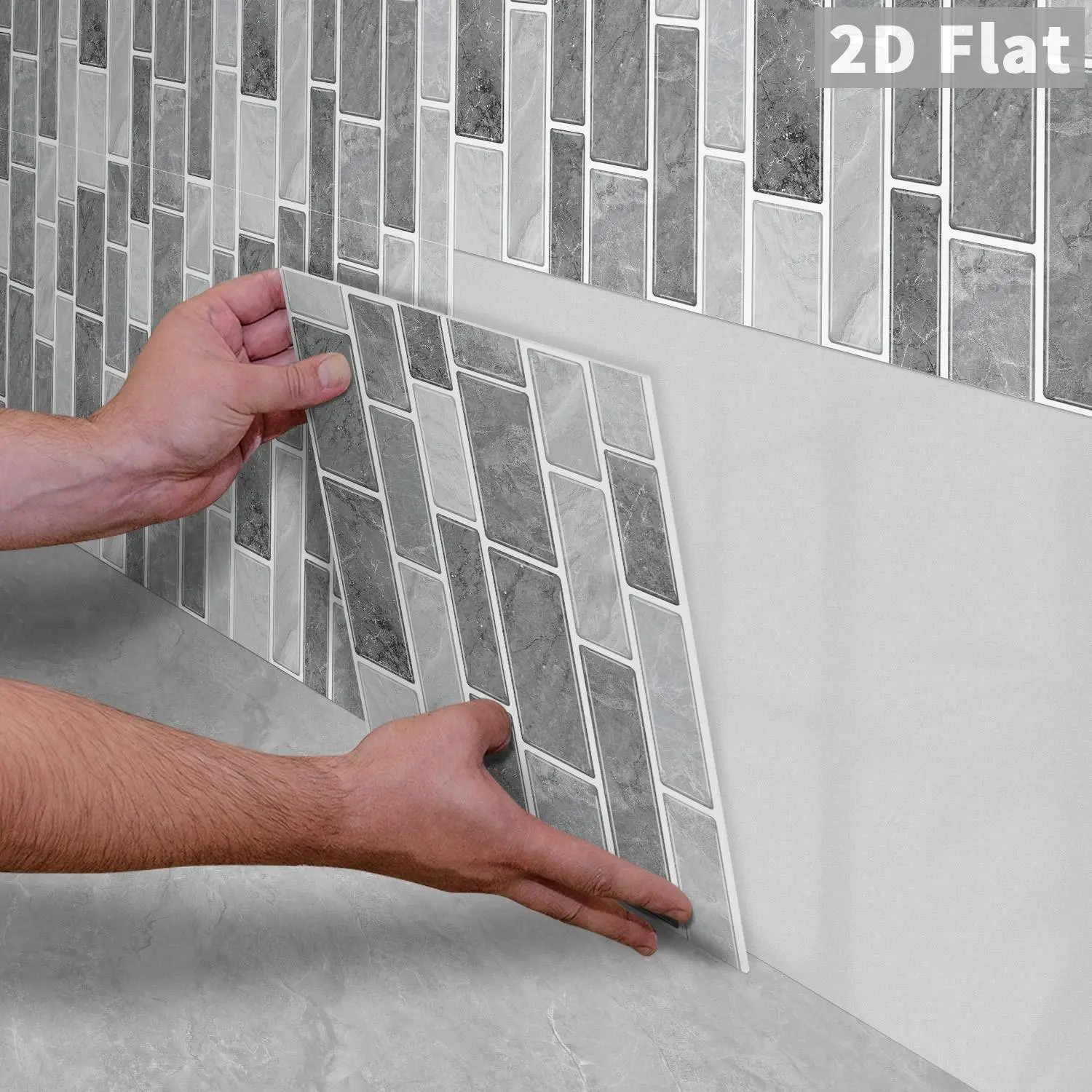 10PCS GST Light Grey Marble Herringbone Tile Stickers, Glossy PE Crystal Foam, Shockproof Wear-Resistant for Home & Commercial Use