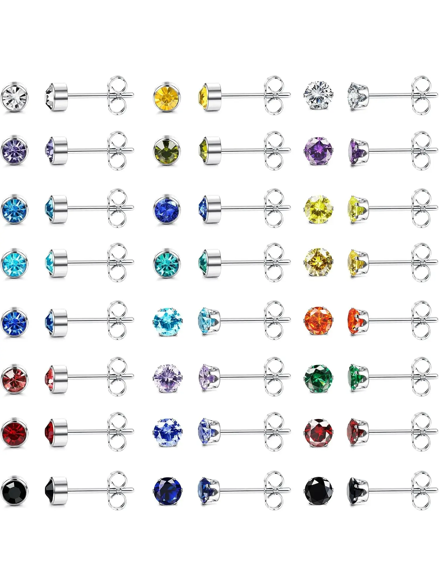 24 Pairs Hypoallergenic Surgical Steel Stud Earrings Set for Women, Zirconia Birthstone Earrings, Silver Tone for Curated Ear Stacking, Multiple Piercings, Daily Wear & Gift Giving
