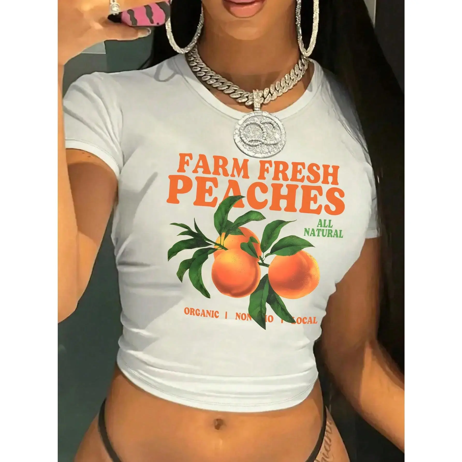 Y2K Girls' Fruit Party Orange & Farm Fresh Peaches Graphic Tee - Vibrant Short Sleeve Crop Top With Design, Stretchy & Comfortable, Machine Washable
