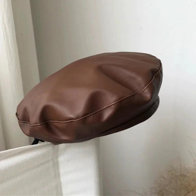 Fashion Autumn Winter Beret Beanie Hat Women Plain Beret Hats Solid Color Elegant Men Women Artist Caps PU Leather Painters Caps