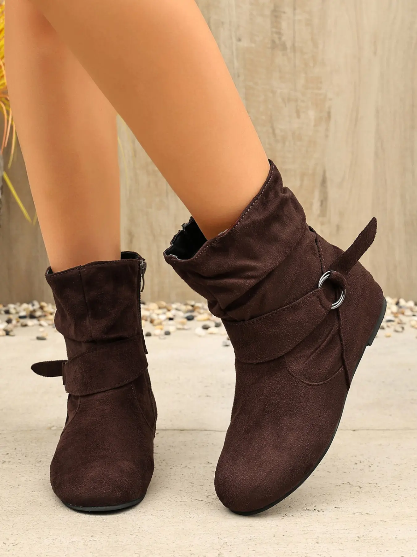Women's Pleated Short Boots, Buckle Side Zipper Low Heel Ankle Boots, Fall Winter Versatile Soft Sole Casual Shoes