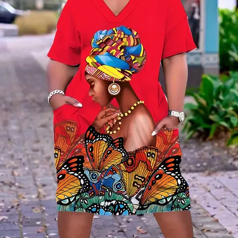 Plus Size Women's Casual Boho V-Neck Short-Sleeve Dress, Portrait & Butterfly Print, Loose-Fit Knee-Length Dress with Pockets, Flowy Dress
