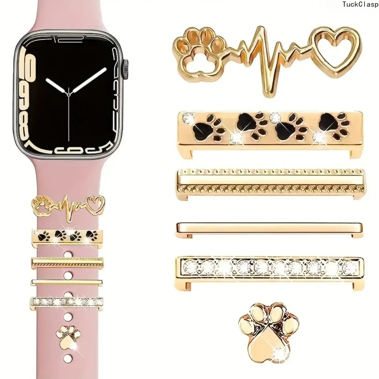 Fashion Watch Band Decorative Slider Charms, Paw Print & Heartbeat Heart Rhinestone Ornaments, Rose Gold/Gold/Silver Tone Bling Accessories for Silicone Smart Watch Straps, Cute Pet Lover Wrist Decor Gift