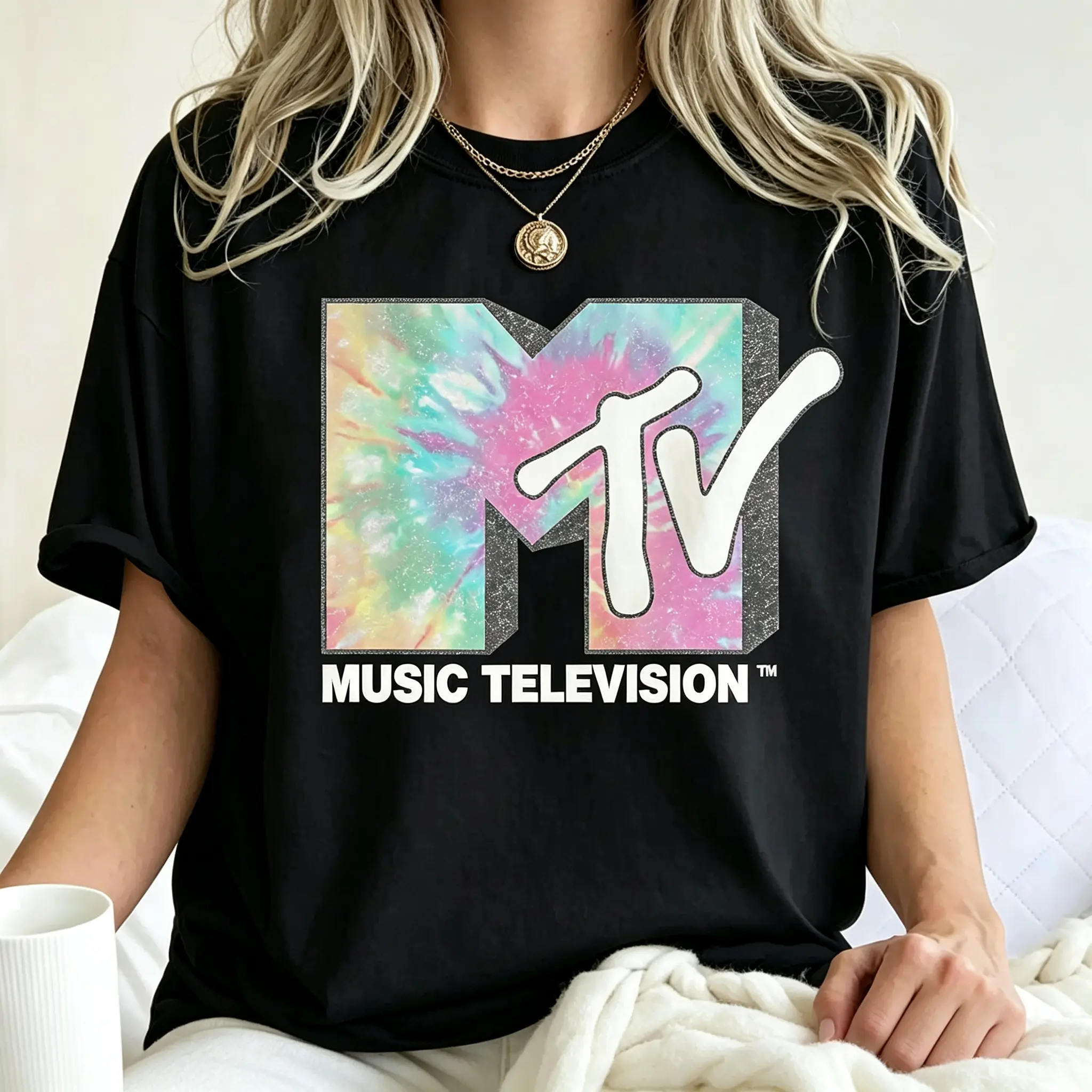 Y2K Music TV Graphic Tee Women Rainbow Tie Dye Retro Logo T Shirt Trendy Summer Casual Top