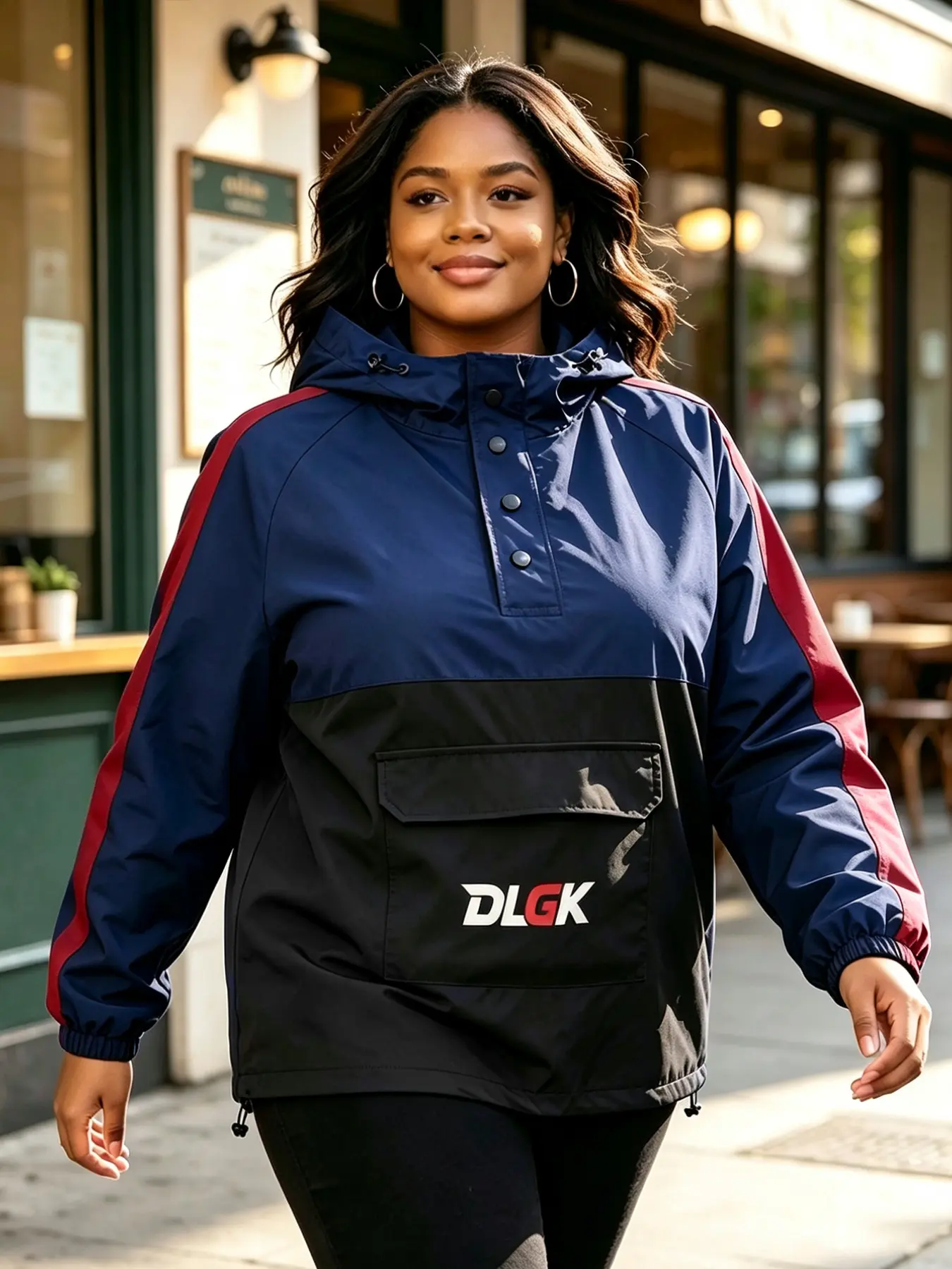 DLGK Women's Plus Size Color Block Windbreaker Jacket - Hooded Half Snap Pullover Anorak with Kangaroo Pocket, Casual Outdoor Coat for Hiking Travel Camping Commute, Spring Fall Outerwear